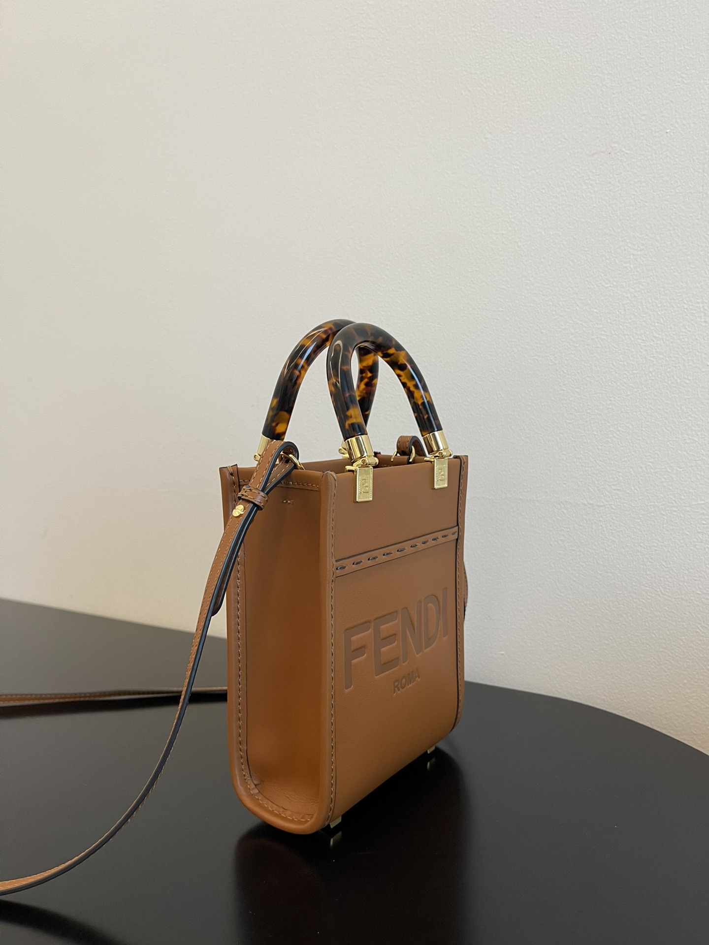 Fendi Mini Sunshine Shopper Brown Leather Bag